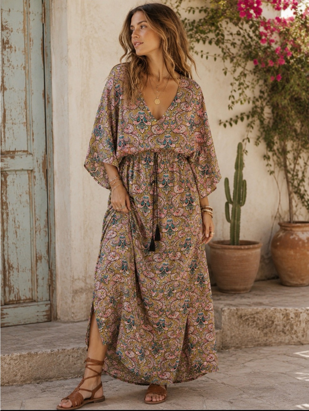 Boho Floral Paisley V-Neck Maxi caftan style  Dress in Olive Multi size 8-10